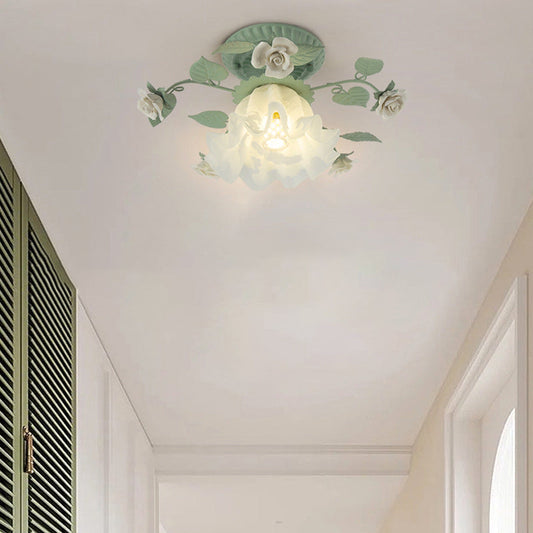 Traditional French Bellflower Leaf Iron Ceramic Glass Shade 1-Light Semi-Flush Mount Ceiling Light For Living Room