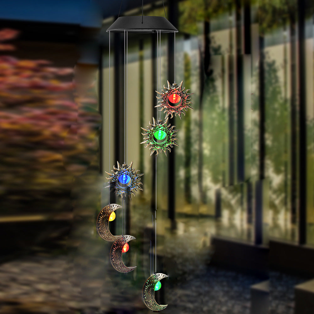 Contemporary Boho Solar Waterproof ABS Metal Moon Sun Star Decoration Wind Chime Hanging LED Outdoor Light Landscape Lighting For Outdoor Patio