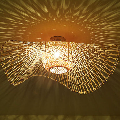 Traditional Japanese Weaving Bamboo 1-Light Semi-Flush Mount Ceiling Light For Bedroom