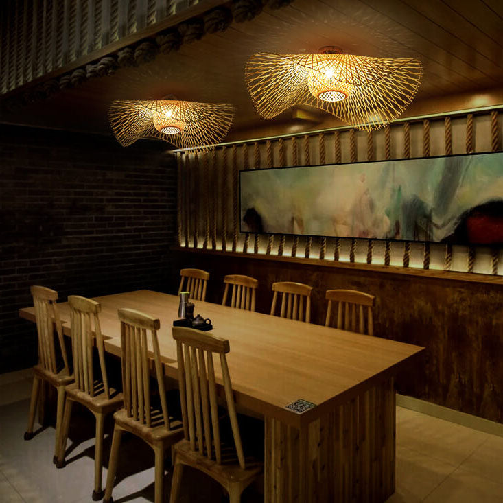 Traditional Japanese Weaving Bamboo 1-Light Semi-Flush Mount Ceiling Light For Bedroom
