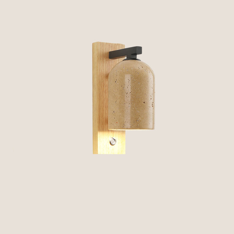 Traditional Japanese Yellow Travertine Cylinder Solid Wood Base 1-Light Wall Sconce Lamp For Bedroom