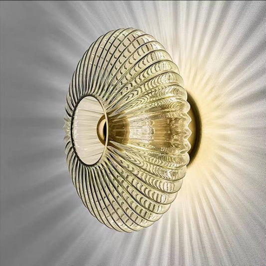 Contemporary Nordic Iron Striped Glass Round Disc 1-Light Wall Sconce Lamp for Living Room