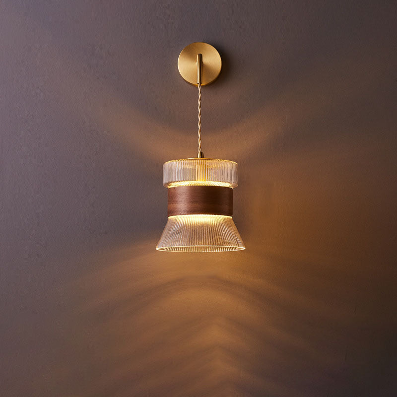 Traditional Japanese Walnut Glass  Copper Cylinder 1-Light Wall Sconce Lamp