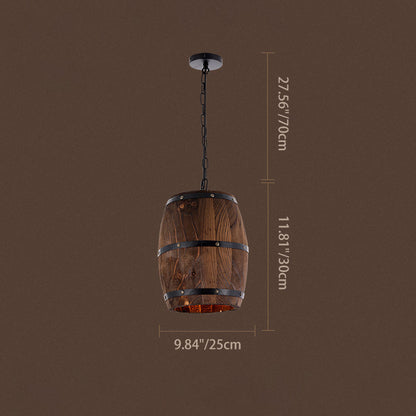 Traditional Rustic Round Iron Wood Wine Barrel 1-Light Single Barrel Pendant Light For Dining Room