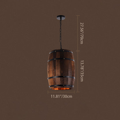 Traditional Rustic Round Iron Wood Wine Barrel 1-Light Single Barrel Pendant Light For Dining Room
